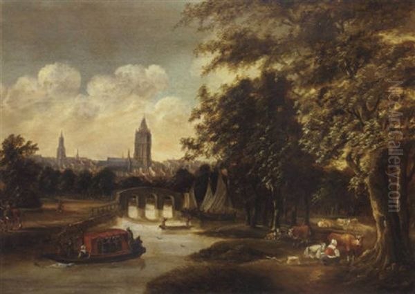 A View Of Delft From The North With The Leiden Ferry Oil Painting by Willem Dalen