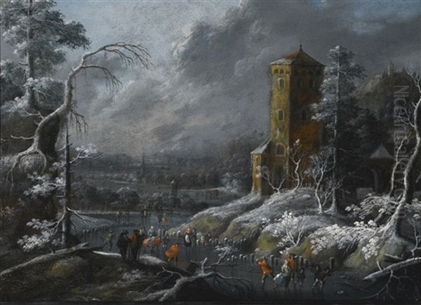 A Winter Landscape With Skaters On A Frozen River By A Tower Oil Painting by Dirk Dalens III