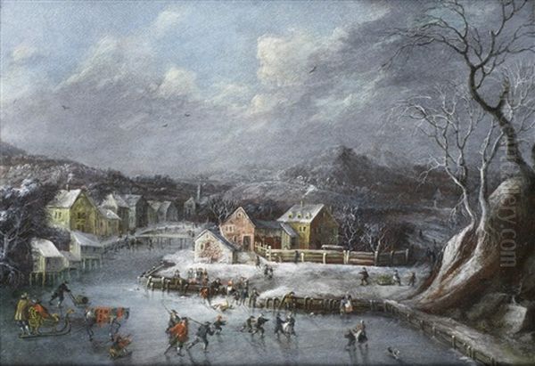 Skaters On A Frozen Lake, Before A Winter Landscape Oil Painting by Dirk Dalens III