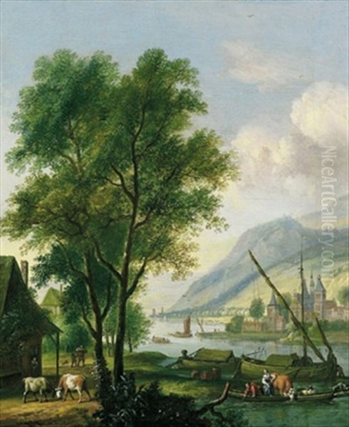 Flusslandschaft Mit Rindern Und Figuren Vor Einem Haus Und Booten Auf Dem Fluss Oil Painting by Dirk Dalens III