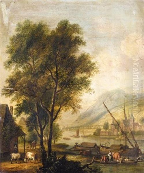 River Landscape With Cattle And Figures Before A Cottage, And Barges On The River Oil Painting by Dirk Dalens III