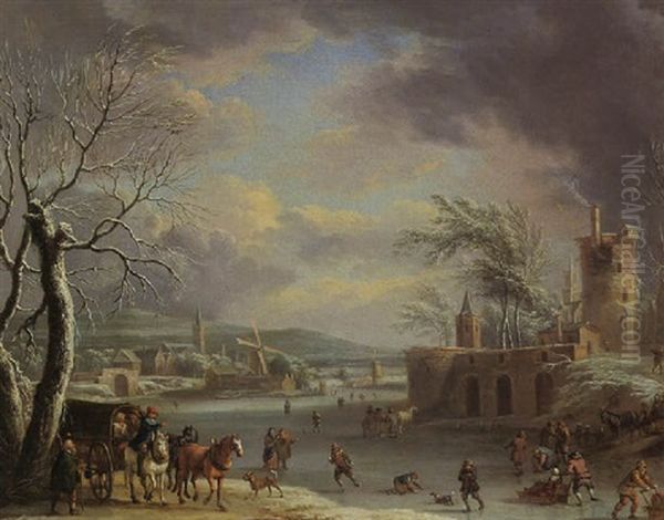 A Winter Landscape With Travellers In A Horse-drawn Carriage, Figures Skating, Village And Church Beyond Oil Painting by Dirk Dalens III