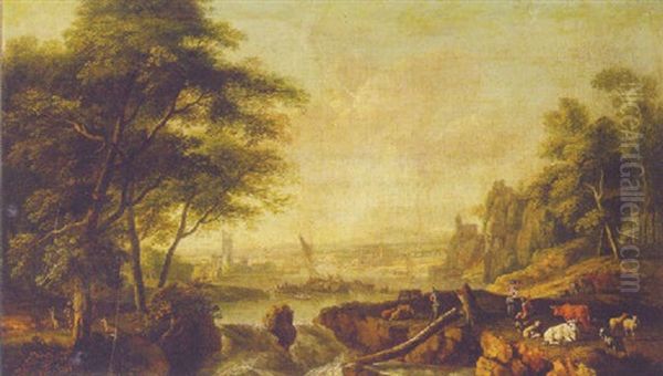 A River Landscape With Shepherds Resting By A Torrent by Dirk Dalens III