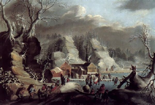 Rocky Winter Landscape With Skaters And Other Figures By A Frozen River Oil Painting by Dirk Dalens III