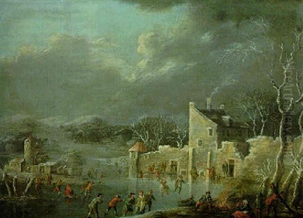 Winter Landscape With Skaters On A Frozen River Near A Village Oil Painting by Dirk Dalens III