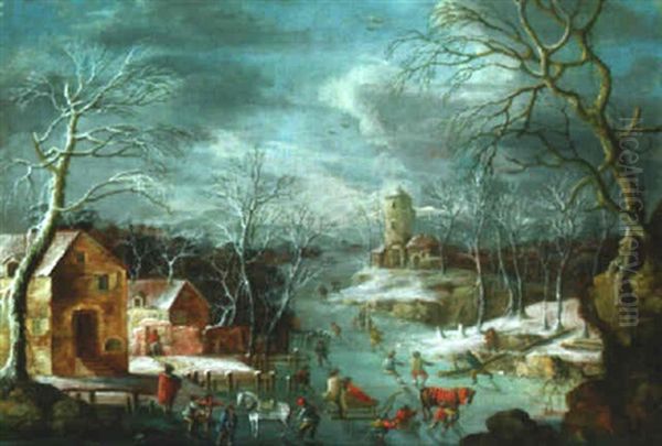 Winter Landscape With Skaters On A Frozen River Oil Painting by Dirk Dalens III