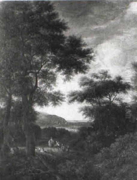 Wooded Landscape With A Man On A Horse Giving Money To A Family Oil Painting by Dirk Dalens III