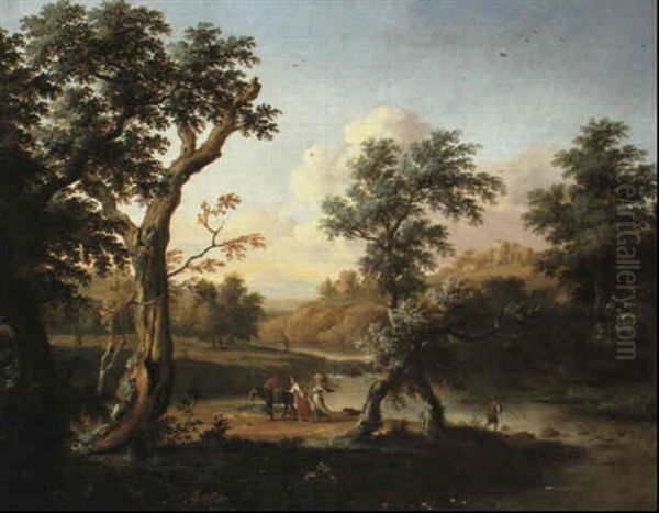 Figures In A River Landscape Oil Painting by Dirk Dalens III