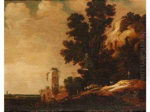 A Wooded Landscape With Herdsman, Cows And Goats Beside Overgrown Ruins In The Foreground, A Village With A Church Beyond Oil Painting by Dirk Dalens the Elder