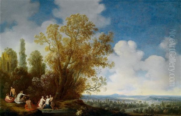 Ein Paar Sudlicher Landschaften Mit Zwei Szenen Aus Den Metamorphosen Ovids: Diana Entdeckt Die Schwangerschaft Der Callisto Bzw. Diana Und Aktaon (pair) Oil Painting by Dirk Dalens the Elder