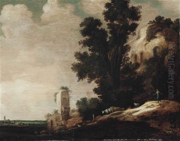 A Wooded Landscape With Herdsmen, Cows And Goats Beside Overgrown Ruins In The Foreground, A Village With A Church Beyond Oil Painting by Dirk Dalens the Elder