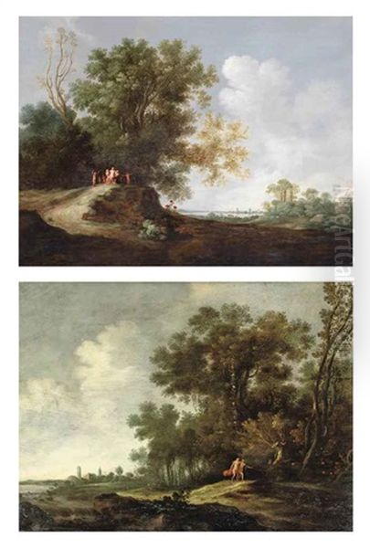 A Group Of Bacchantes And Satyrs Playing In A Wooded Landscape, A Lake Beyond (+ An Extensive Forest Landscape With A Bacchante And A Satyr Travelling, A Town Beyond; Pair) Oil Painting by Dirk Dalens the Elder