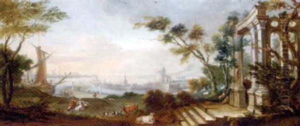 A Capriccio Of Classical Ruins Before A Dutch Riverside Town Oil Painting by Dirk Dalens the Elder