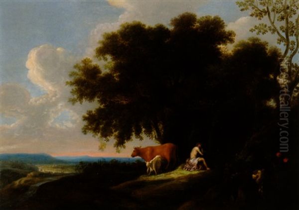 Weite, Bewaldete Landschaft Mit Einem Schalmei Blasenden Hirten, Einer Kuh Und Einer Ziege by Dirk Dalens the Elder