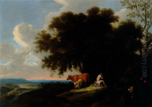 Weite, Bewaldete Landschaft Mit Einem Schalmei Blasenden Hirten, Einer Kuh Und Einer Ziege Oil Painting by Dirk Dalens the Elder