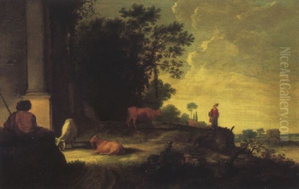 A Shepherd Tending His Livestock In A Pastoral Landscape Oil Painting by Dirk Dalens the Elder