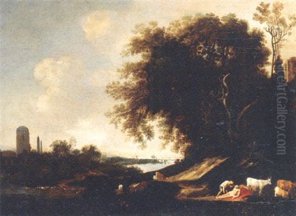 Mercury Lulling Argus To Sleep, While Io Grazes Nearby, In An Italianate River Landscape Oil Painting by Dirk Dalens the Elder