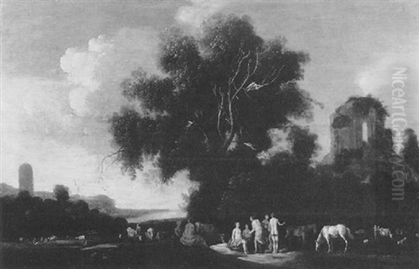 Landscape With Ruins, Figures And Animals Oil Painting by Dirk Dalens the Elder