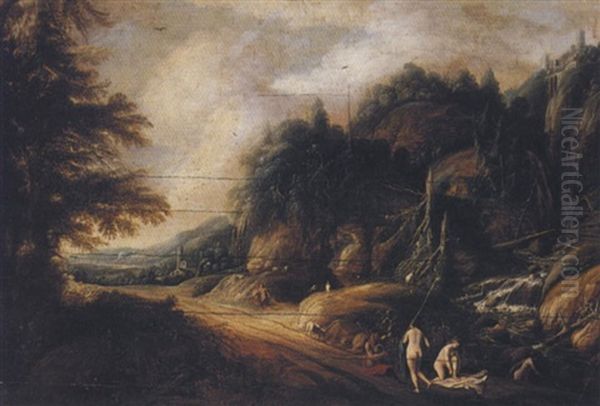 Landscape With Satyrs And Nymphs Bathing Oil Painting by Dirk Dalens the Elder