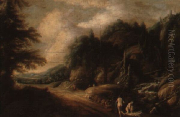 Landscape With Satyrs And Nymphs Bathing Oil Painting by Dirk Dalens the Elder