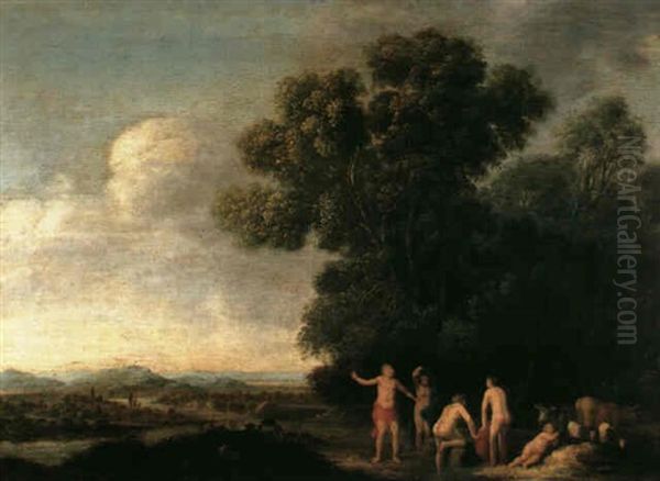 Figures Bathing At The Edge Of A Wood Overlooking A River   Valley Oil Painting by Dirk Dalens the Elder