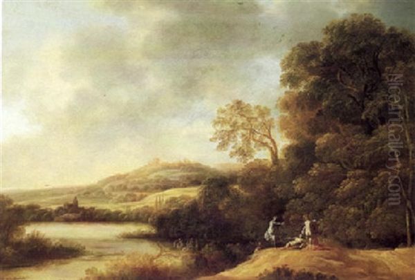 Extensive River Landscape With Nymphs Bathing Oil Painting by Dirk Dalens the Elder