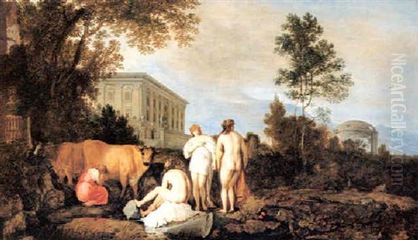 Bathers And A Milkmaid By A Palace In An Italianate Land-   Scape Oil Painting by Dirk Dalens the Elder