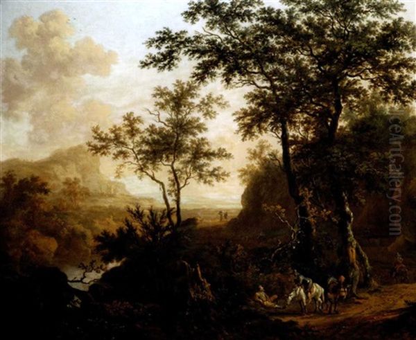 An Extensive Wooded River Landscape With Travellers On A Rocky Road, Ruins And Mountains Beyond Oil Painting by Dirk Dalens the Younger