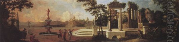 Elegant Figures In A Wooded Parkland Landscape With A Fountain And Classical Ruins Oil Painting by Dirk Dalens the Younger