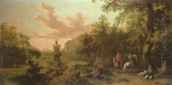 A Hawking Party In A Wooded Parkland Landscape With A View Of A Water Fountain And A Villa Beyond Oil Painting by Dirk Dalens the Younger