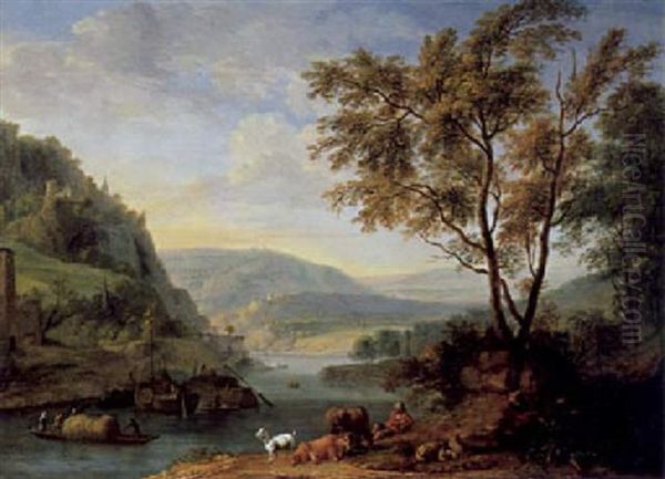 Rheinlandschaft Mit Kahnen Und Hirt Und Herde Oil Painting by Dirk Dalens the Younger