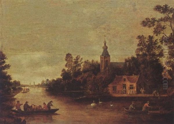 A View Of Rotterdam-overschie With An Inn Alongside The River Rotte, Figures And Cattle In A Ferry And Other Figures In Rowing Boats Oil Painting by Jan Dalens