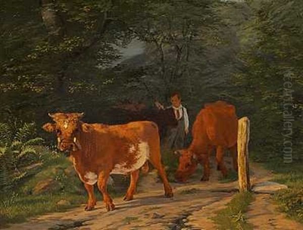 Hyrdedreng Driver To Koer Hen Ad En Skovvej Oil Painting by Carlo Edoardo Dalgas