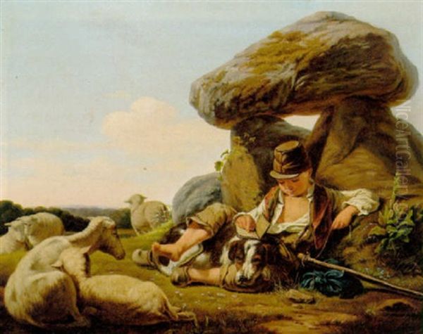 En Lille Skoledreng, Der Vogter Far Ved En Dysse Oil Painting by Carlo Edoardo Dalgas