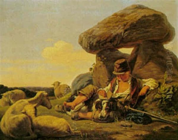 En Lille Skoledreng, Der Vogter Far Ved En Dysse Oil Painting by Carlo Edoardo Dalgas