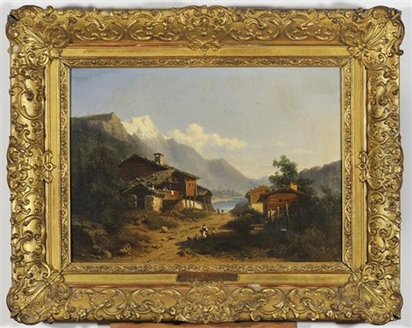 Chalets Au Bord D'un Lac En Montagne Oil Painting by Leonard-Alexis Dalige de Fontenay