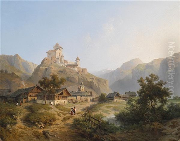 Ansicht Von Dorf Und Schloss Tarasp Im Unterengadin Im Kanton Graubunden Oil Painting by Leonard-Alexis Dalige de Fontenay