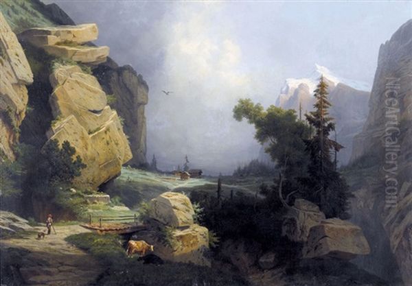 Gebirgsweg Mit Blick Auf Das Wetterhorn Oil Painting by Leonard-Alexis Dalige de Fontenay