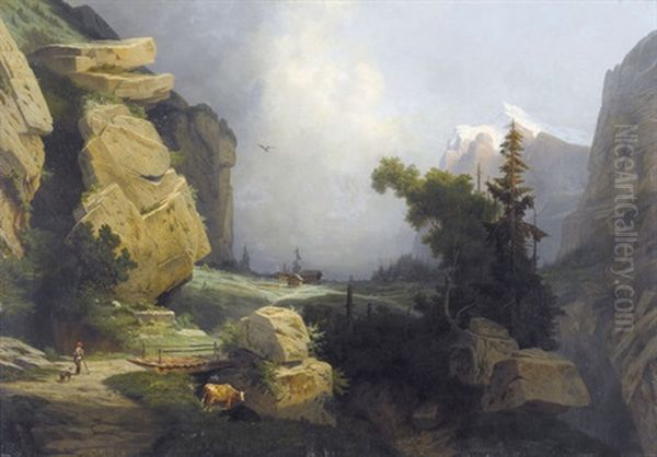 Felsige Berglandschaft Mit Blick Auf Das Wetterhorn Oil Painting by Leonard-Alexis Dalige de Fontenay