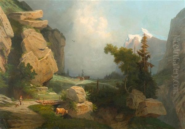 Gebirgslandschaft Mit Hirte Und Kuh Oil Painting by Leonard-Alexis Dalige de Fontenay