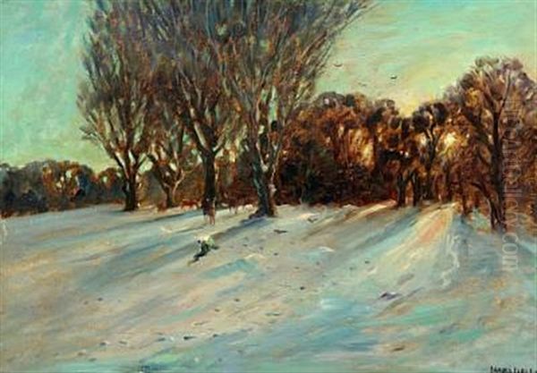 Wintry Landscape With Deer In The Sunrise Glow Oil Painting by Hans Mathias Halten Dall