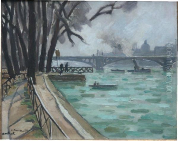 Quais De Seine Pres De Notre-dame De Paris Oil Painting by Louis R. Antral