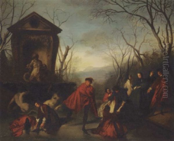 A Skating Party Oil Painting by Auguste Philippe Dallemagne geb de Cagny