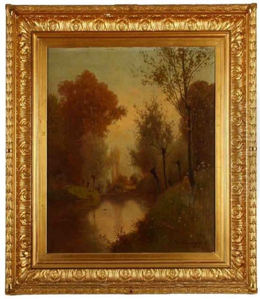 Paysage De Foret Avec Un Etang Et Paysage De Foret Avec Une Cascade (pair) Oil Painting by Leon Dallemagne