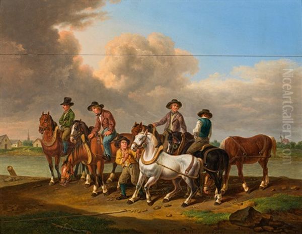 Treidelpferde Am Flussufer Oil Painting by Johann Baptist Dallinger von Dalling the Younger