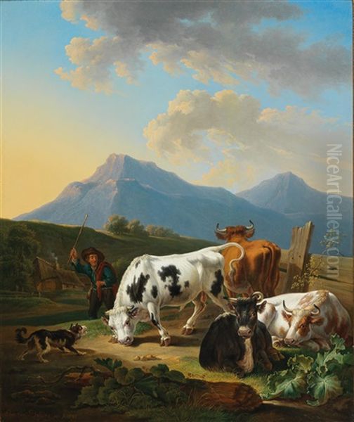 Farmer With Bull Oil Painting by Johann Baptist Dallinger von Dalling the Younger