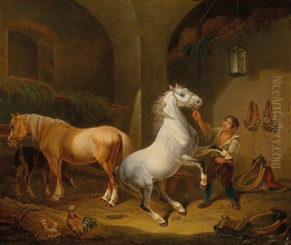 Stable Scene Oil Painting by Johann Baptist Dallinger von Dalling the Younger