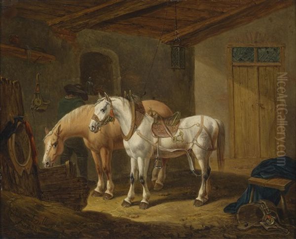 Pferde Im Stall Oil Painting by Johann Baptist Dallinger von Dalling the Younger