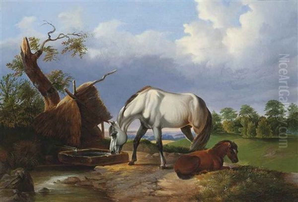 Grazing Horses Oil Painting by Johann Baptist Dallinger von Dalling the Younger