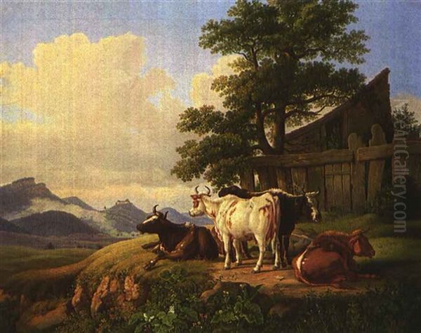 Kuhe Vor Bretterverschlag Am Horizont Hohenburg Oil Painting by Johann Baptist Dallinger von Dalling the Younger